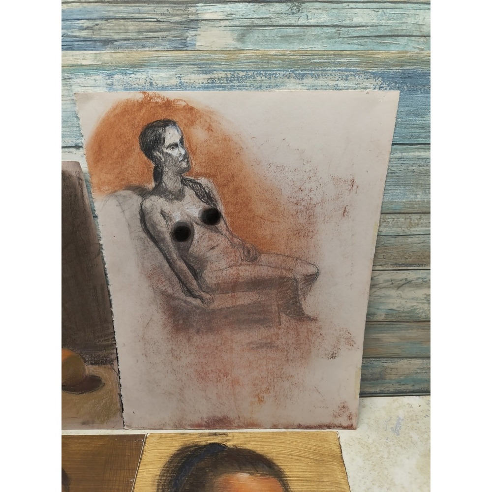 Lot Of 4, Original Oil Painting On Paper Portrait And Nude - Picture 2 of 8